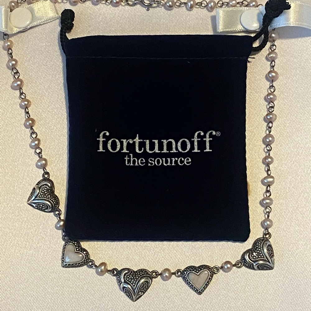 Fortunoff pink pearl, rose quartz and marcasite necklace